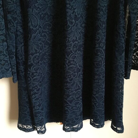 Tahari Navy Blue Lacy Bell Sleeve Lolita Babydoll Dress - Picture 4 of 16